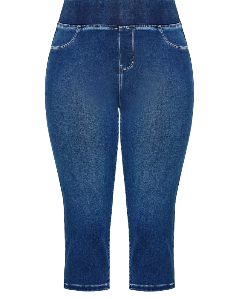 Front of a size 20 Paula Crop Jegging in Medium Wash by avenue. | dia_product_style_image_id:297872